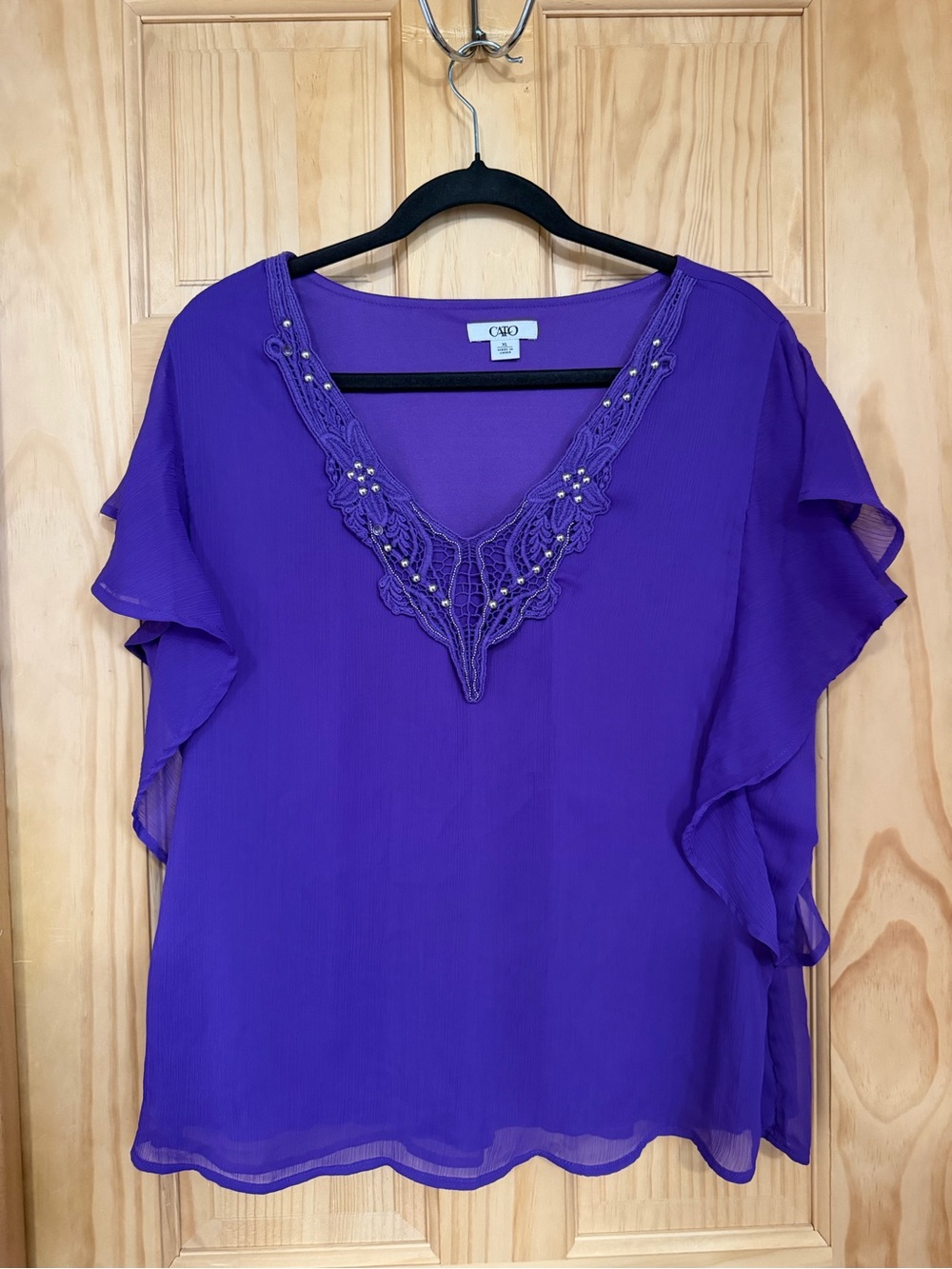Cato Royal Purple V-Neck Beaded Flutter Sleeve Blouse